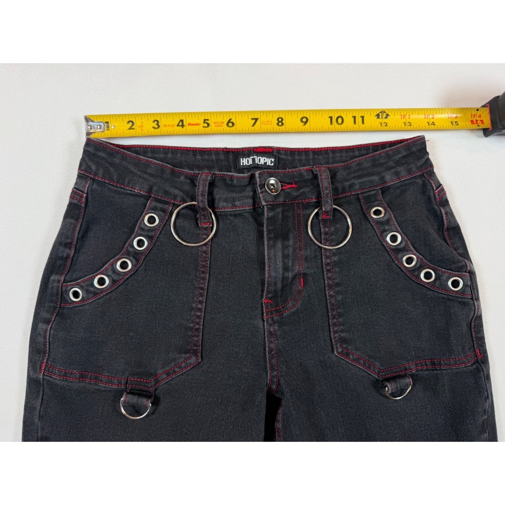 Hot Topic Black Red Contrast Stitch Grommet O-Ring Flare Jean Mall Goth Punk Y2K - Picture 4 of 7